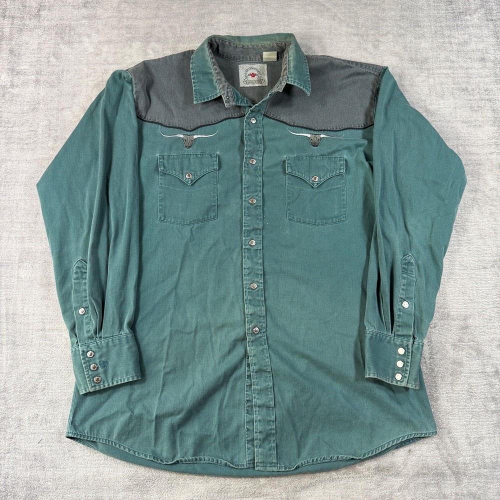 Vintage Mid West Garment Co Shirt Mens XL Green Western Snap Bull Head Cowboy